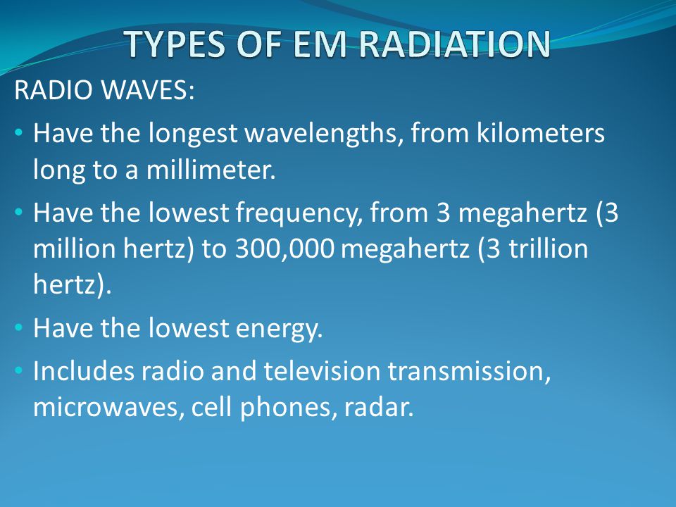 TYPES OF EM RADIATION RADIO WAVES: