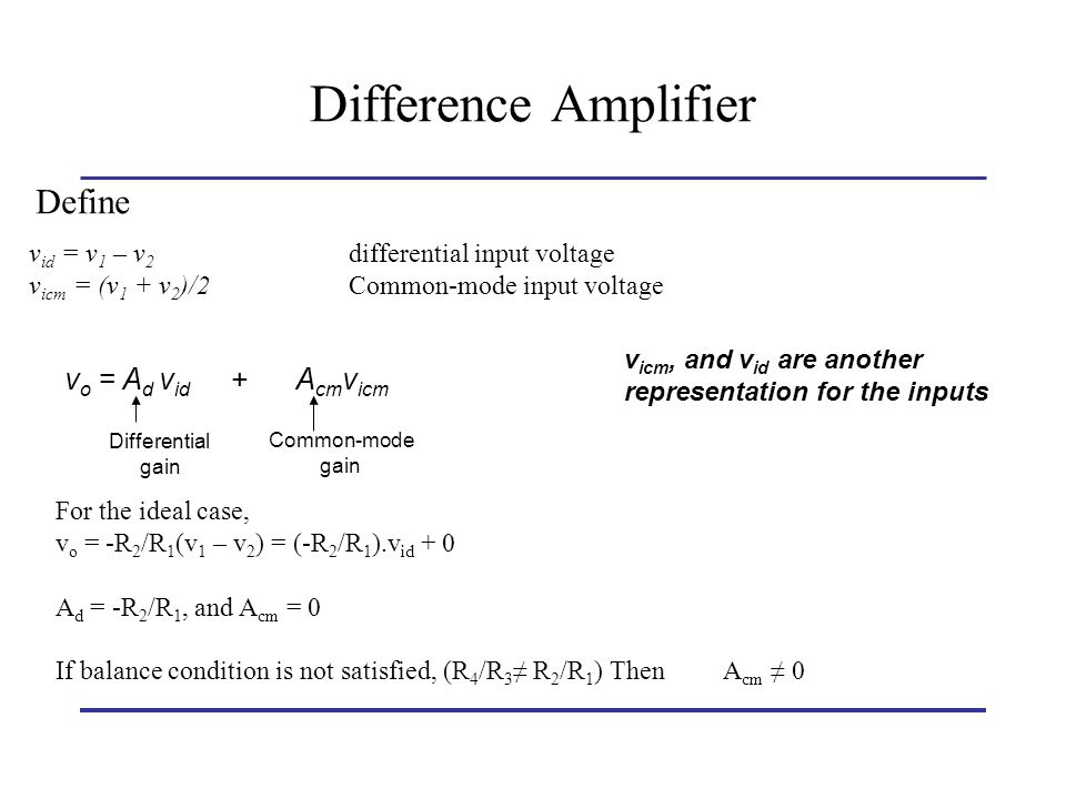 Difference Amplifier Define vo = Ad vid + Acmvicm