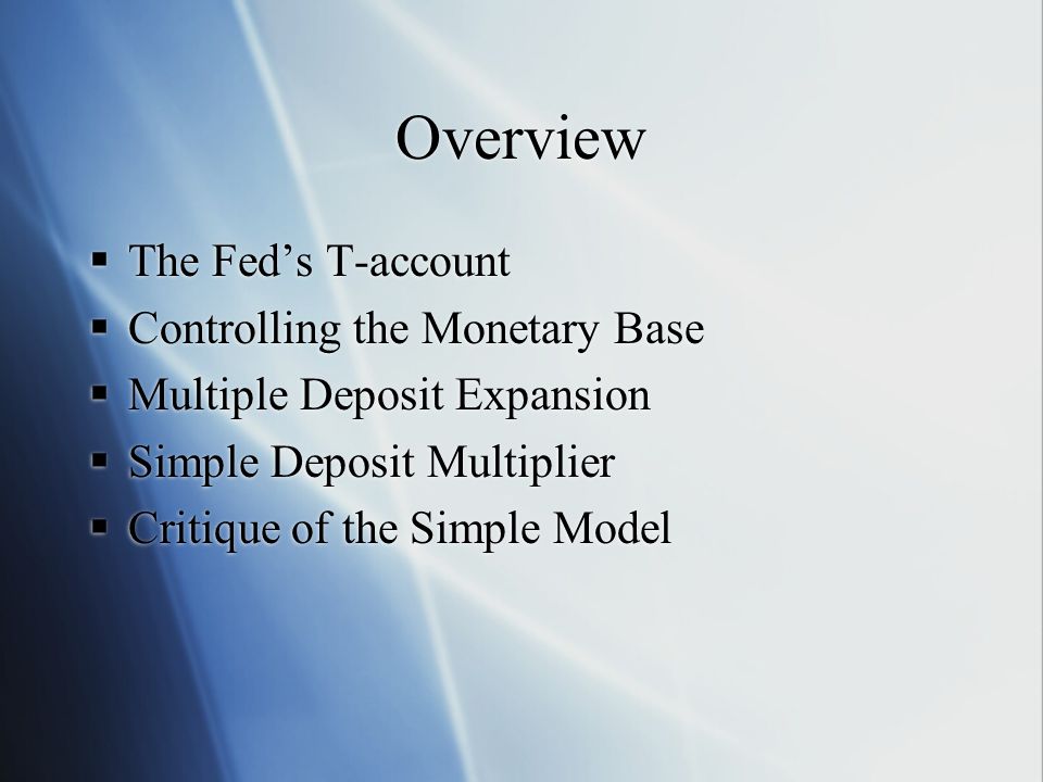 Overview The Fed’s T-account Controlling the Monetary Base