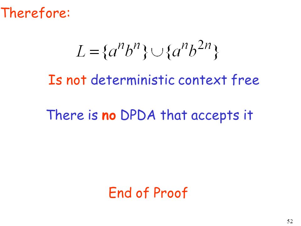Therefore: Is not deterministic context free There is no DPDA that accepts it End of Proof