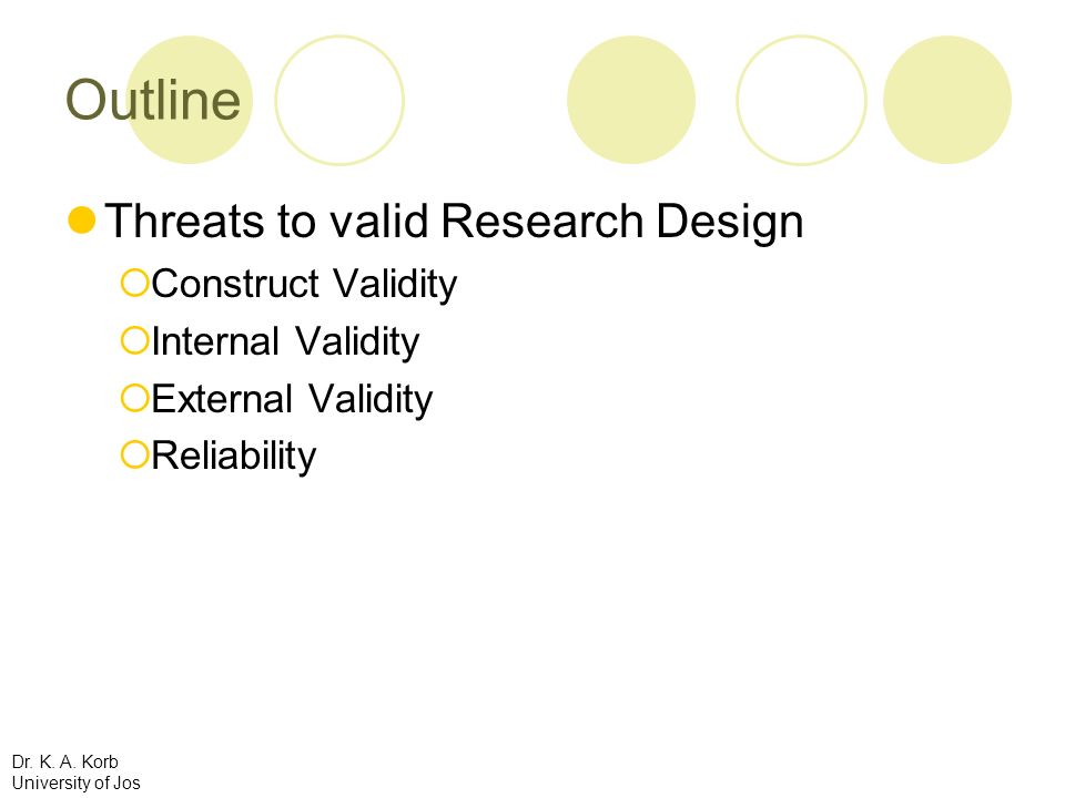 Outline Threats to valid Research Design Construct Validity