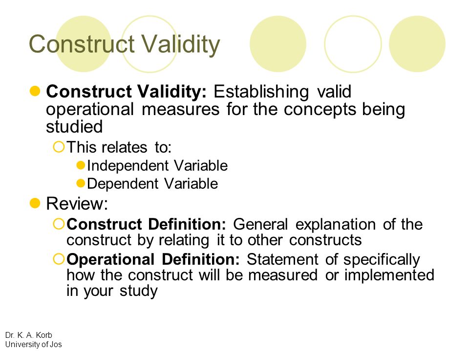 Construct Validity Construct Validity: Establishing valid operational measures for the concepts being studied.