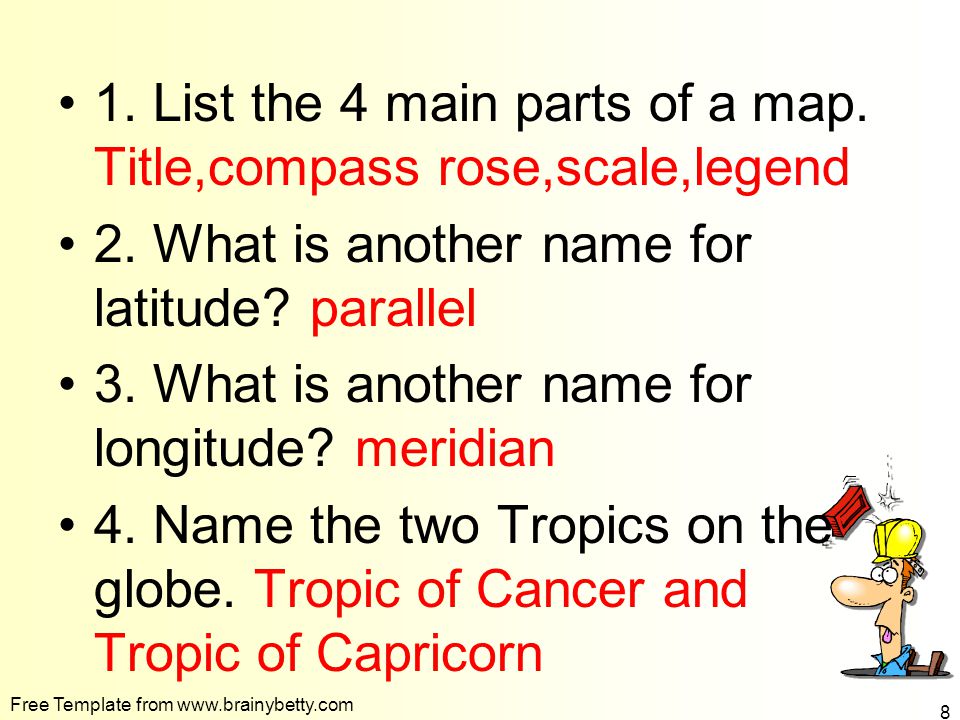 1. List the 4 main parts of a map. Title,compass rose,scale,legend