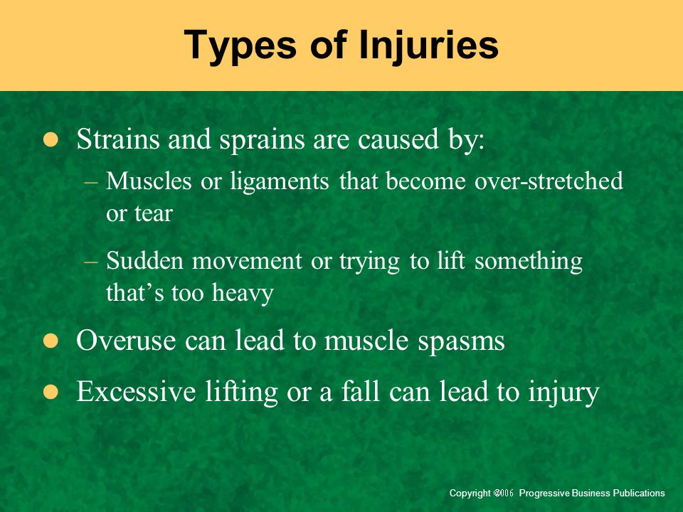 Types of Injuries Strains and sprains are caused by: