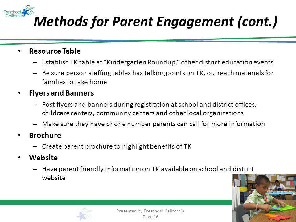 Methods for Parent Engagement (cont.)