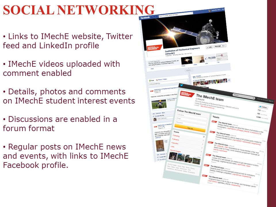 SOCIAL NETWORKING Links to IMechE website, Twitter
