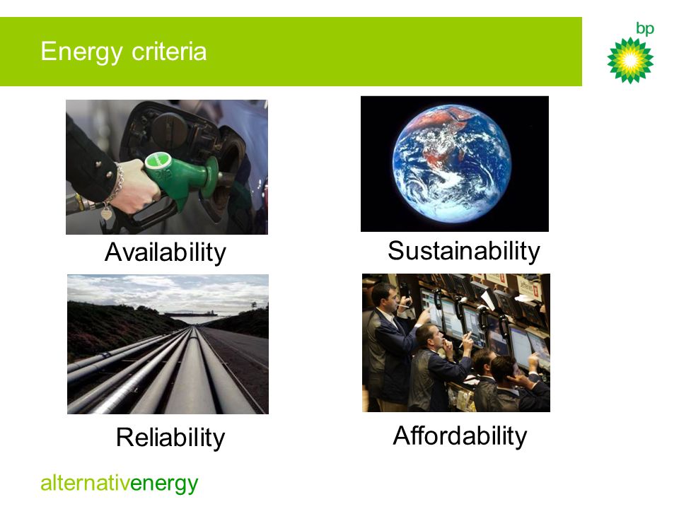 Energy criteria Availability Sustainability Reliability Affordability