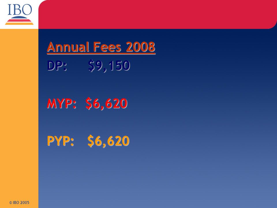 Annual Fees 2008 DP: $9,150 MYP: $6,620 PYP: $6,620