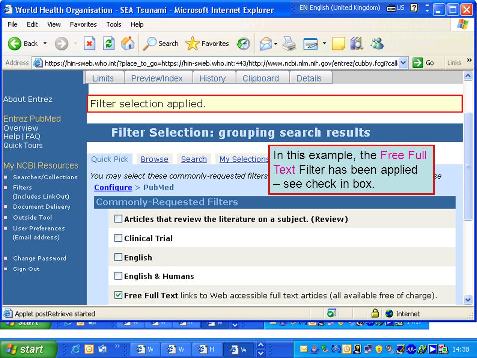 In this example, the Free Full Text Filter has been applied – see check in box.