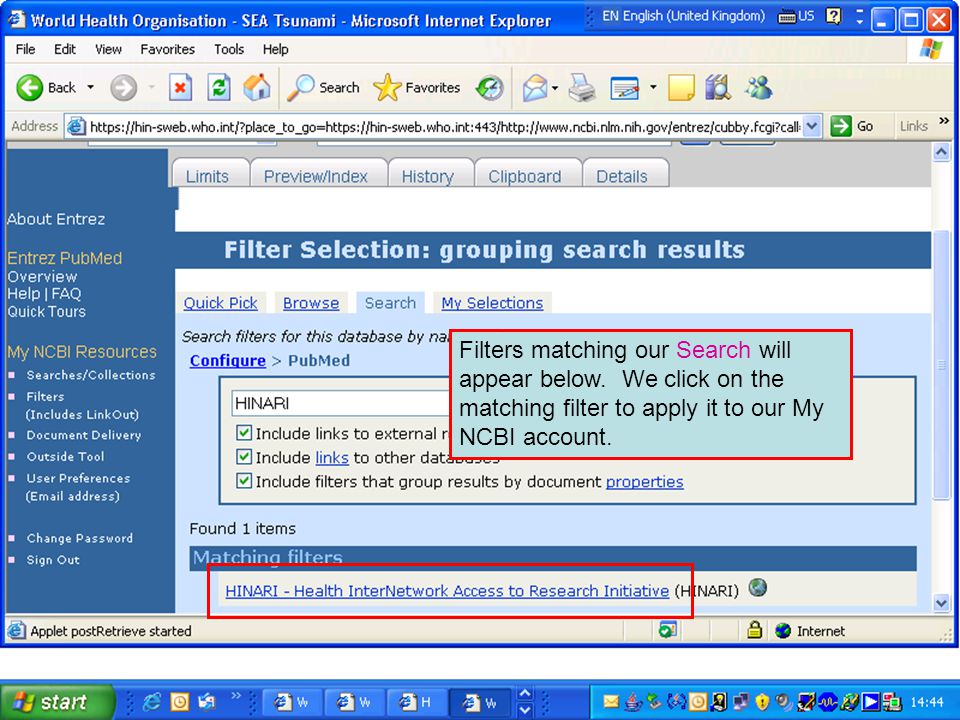 Filters matching our Search will appear below