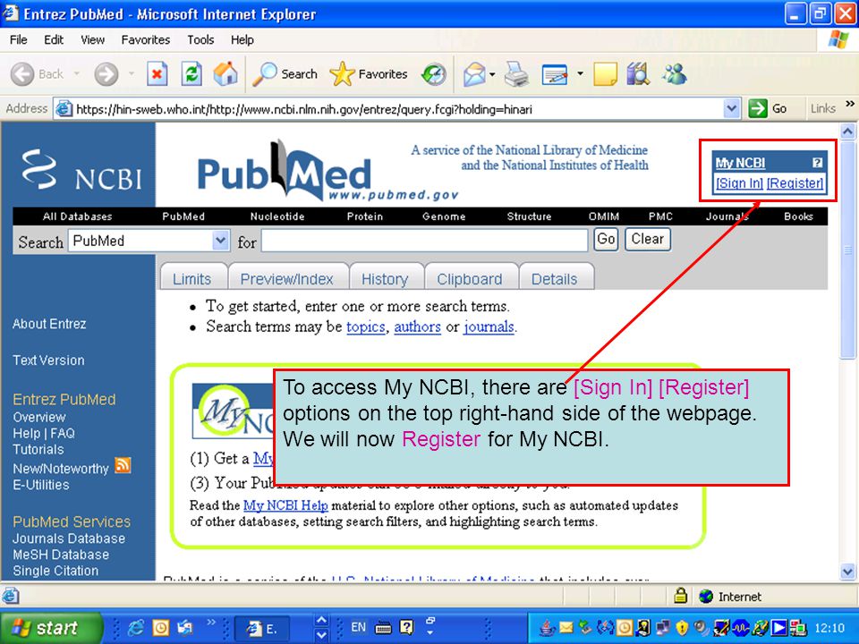 To access My NCBI, there are [Sign In] [Register] options on the top right-hand side of the webpage.