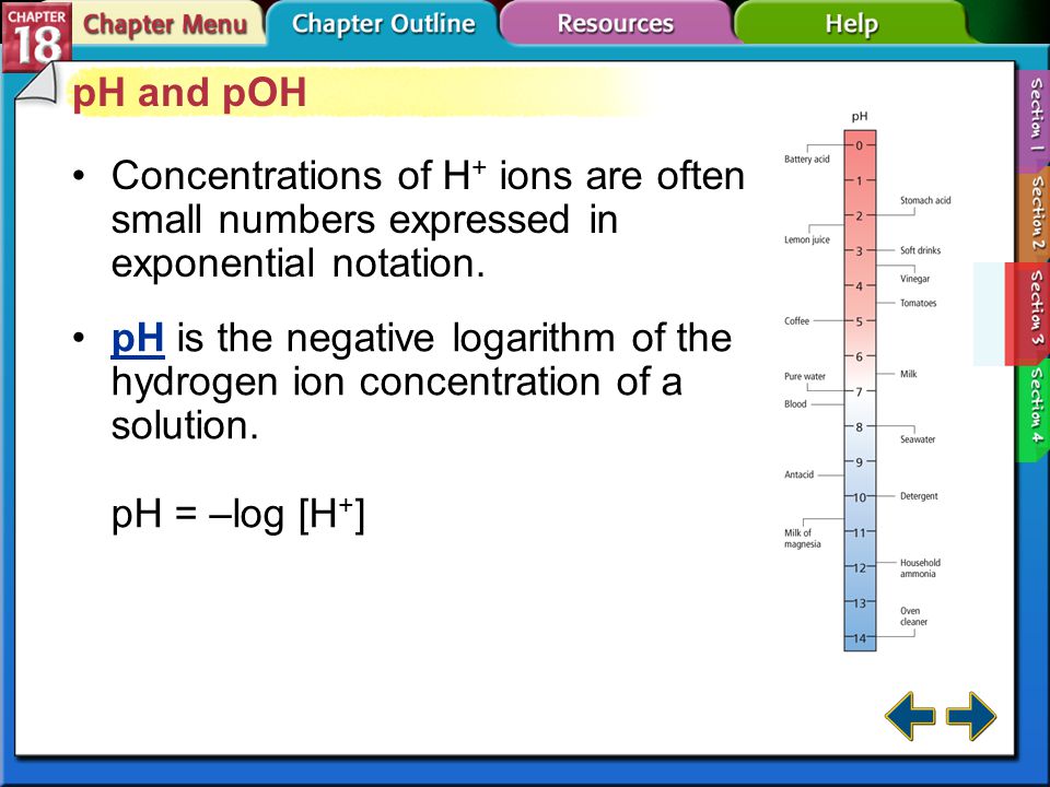 pH and pOH Concentrations of H+ ions are often small numbers expressed in exponential notation.