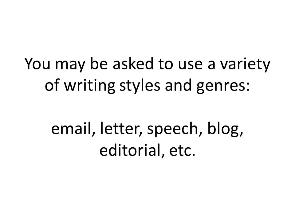 You may be asked to use a variety of writing styles and genres:  , letter, speech, blog, editorial, etc.