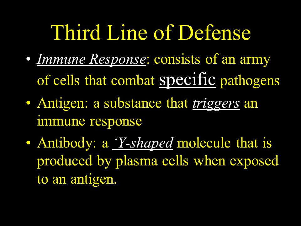 Third Line of Defense Immune Response: consists of an army of cells that combat specific pathogens.