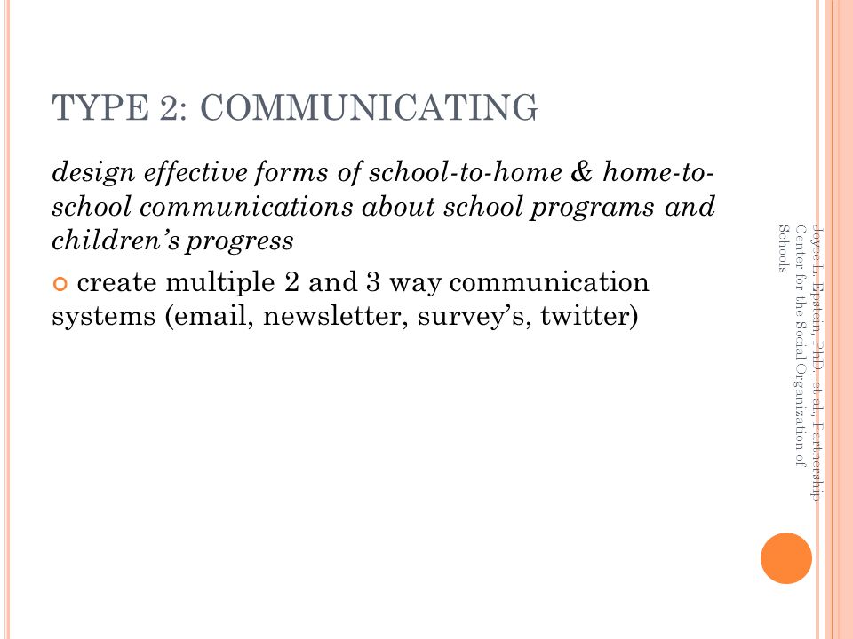 TYPE 2: COMMUNICATING design effective forms of school-to-home & home-to- school communications about school programs and children’s progress.