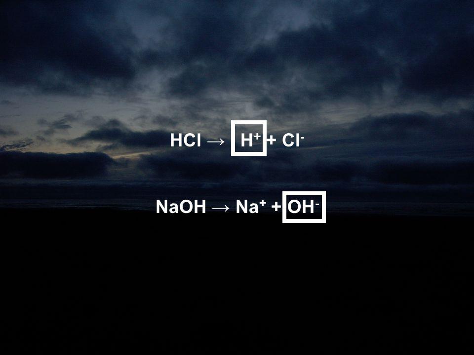 HCl → H+ + Cl- NaOH → Na+ + OH-