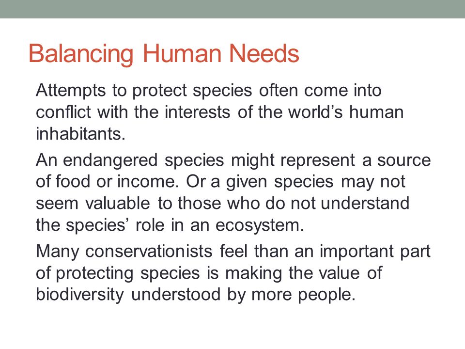 Balancing Human Needs Attempts to protect species often come into conflict with the interests of the world’s human inhabitants.