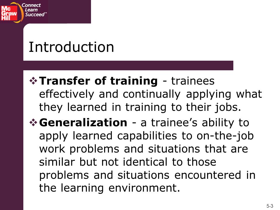 Introduction Transfer of training - trainees effectively and continually applying what they learned in training to their jobs.