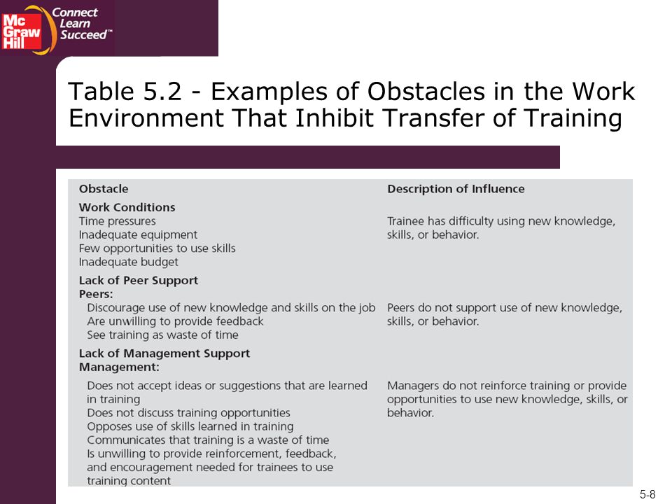 Table Examples of Obstacles in the Work Environment That Inhibit Transfer of Training