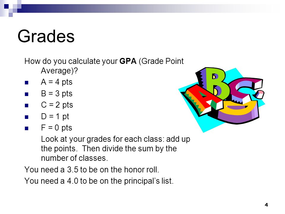 Grades How do you calculate your GPA (Grade Point Average) A = 4 pts