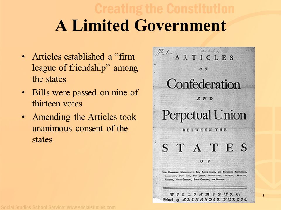 A Limited Government Articles established a firm league of friendship among the states. Bills were passed on nine of thirteen votes.