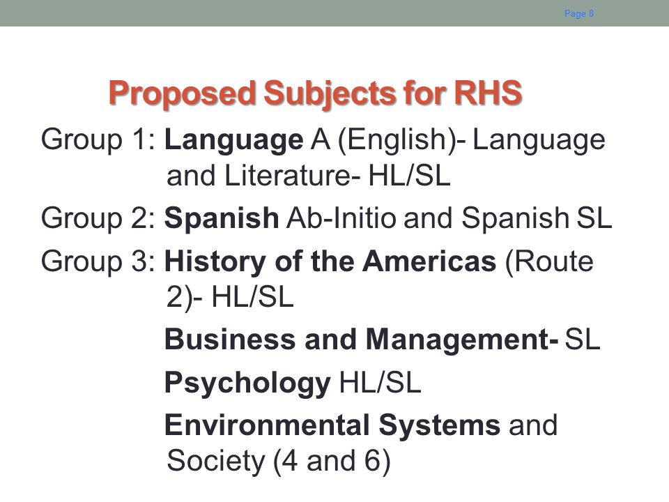 Proposed Subjects for RHS