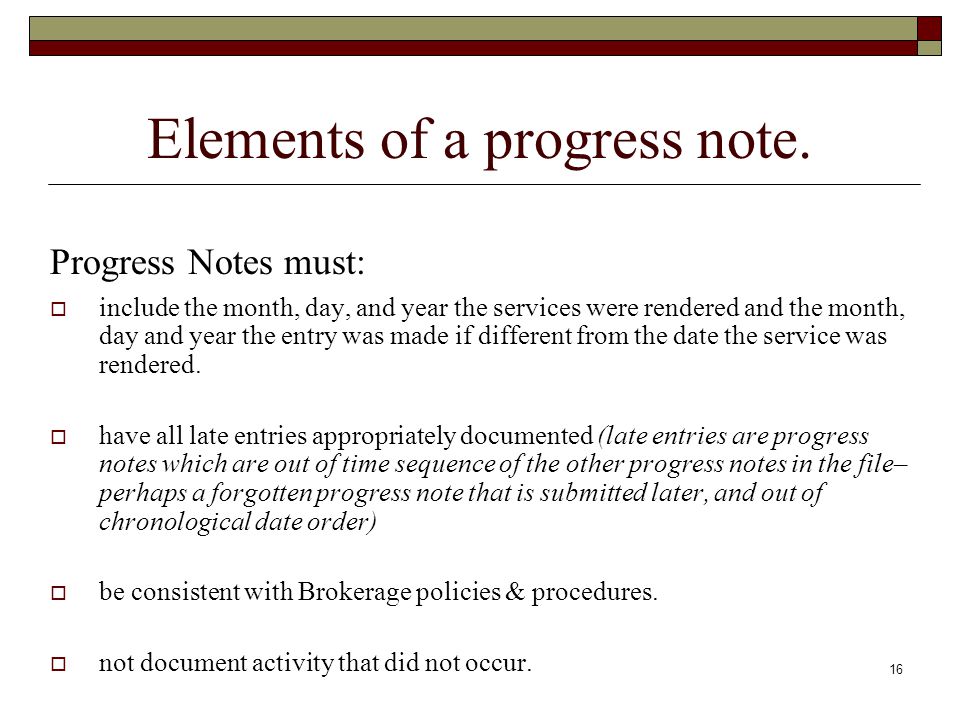 Elements of a progress note.