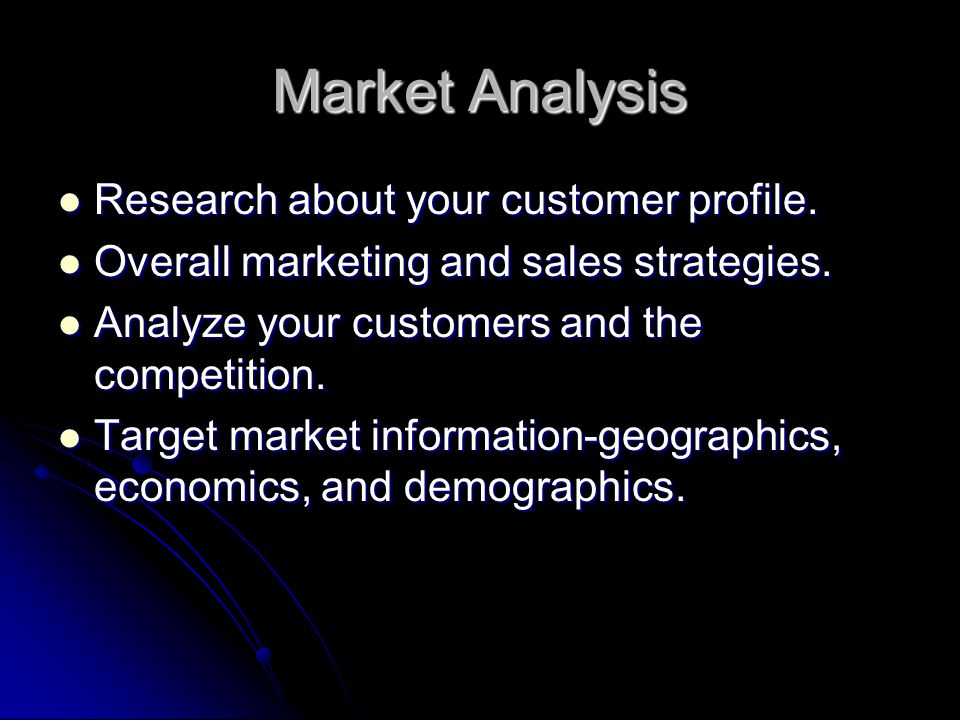 Market Analysis Research about your customer profile.