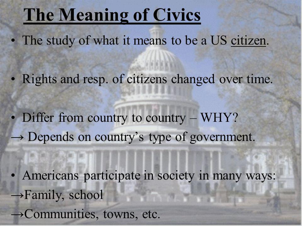 The Meaning of Civics The study of what it means to be a US citizen.