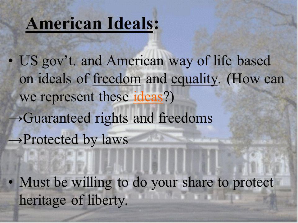 American Ideals: US gov’t. and American way of life based on ideals of freedom and equality. (How can we represent these ideas )