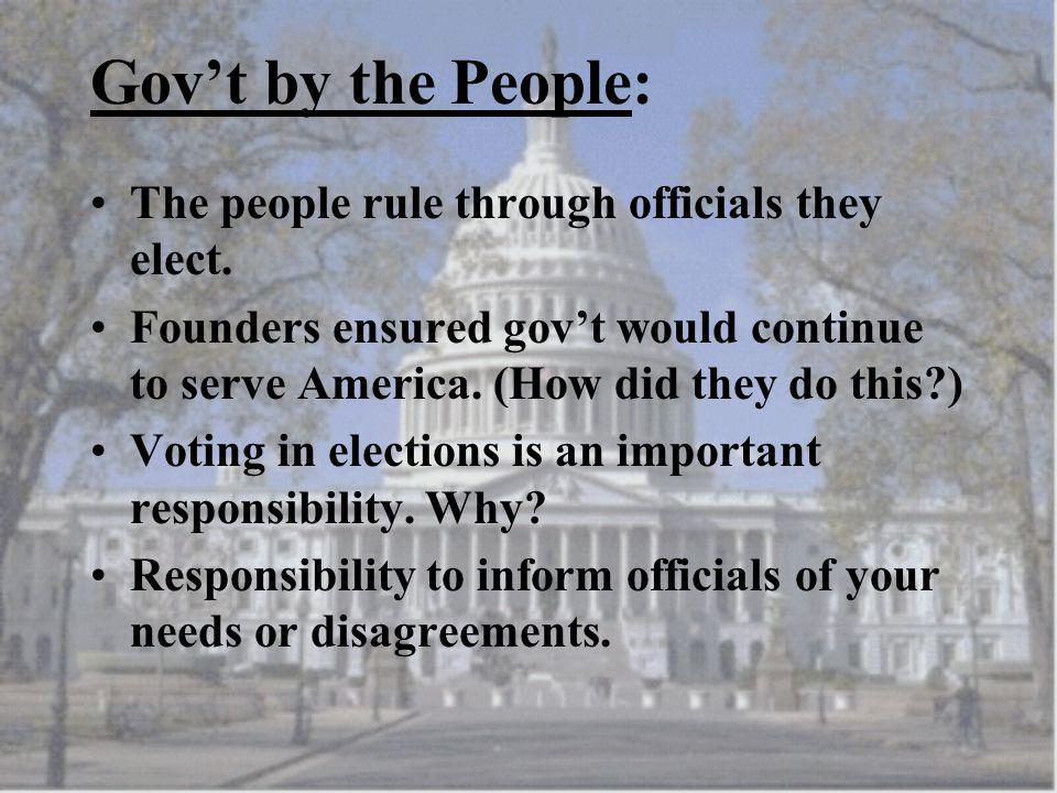 Gov’t by the People: The people rule through officials they elect.