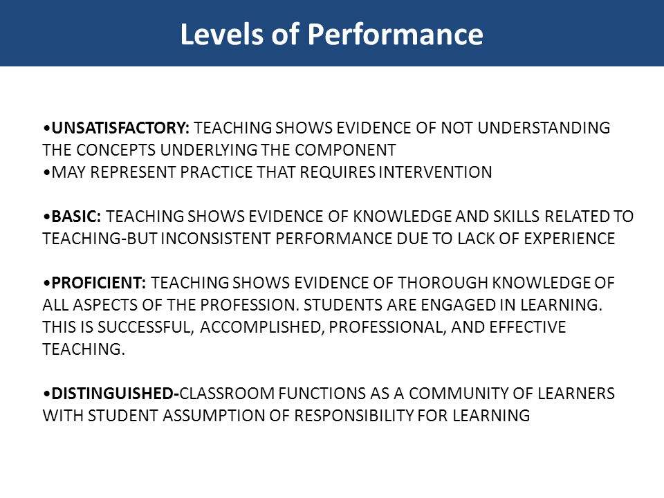 Levels of Performance •UNSATISFACTORY: TEACHING SHOWS EVIDENCE OF NOT UNDERSTANDING THE CONCEPTS UNDERLYING THE COMPONENT.
