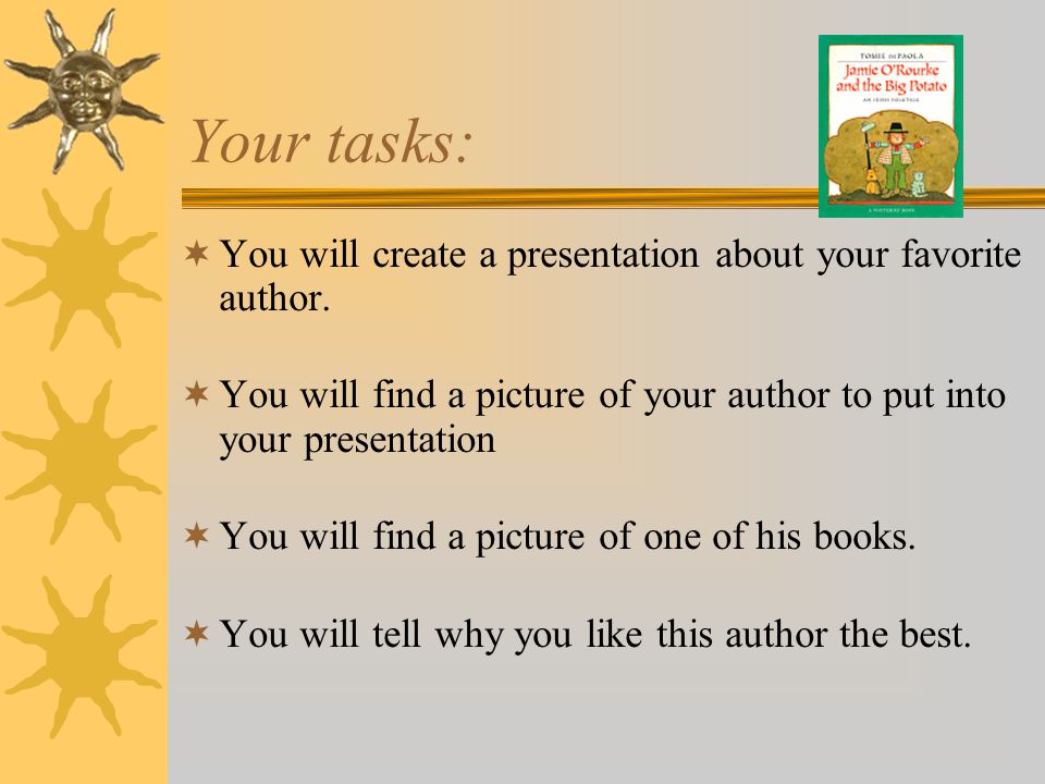 Your tasks: You will create a presentation about your favorite author.