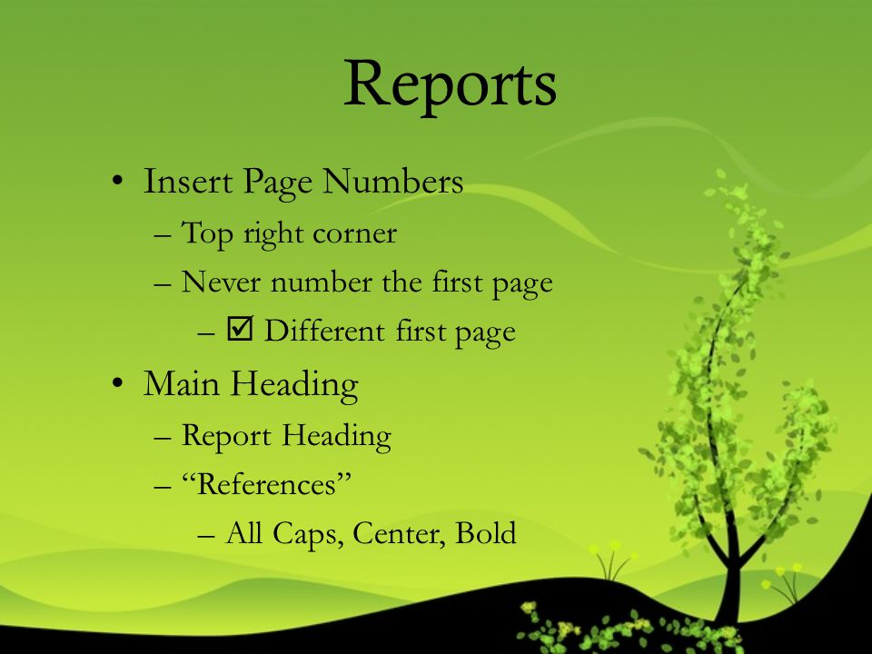 Reports Insert Page Numbers Main Heading Top right corner