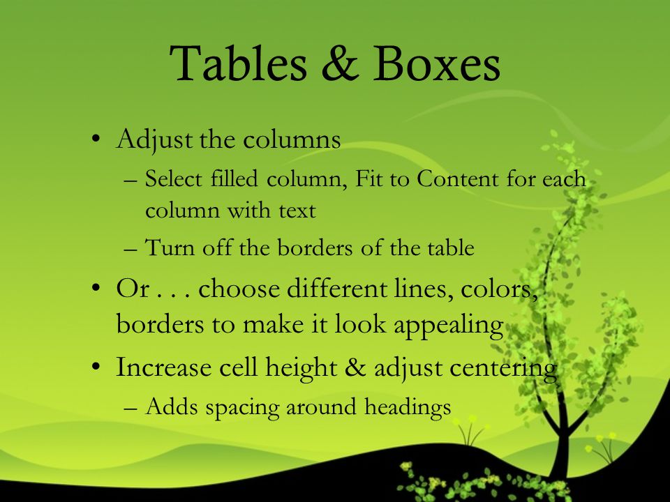 Tables & Boxes Adjust the columns