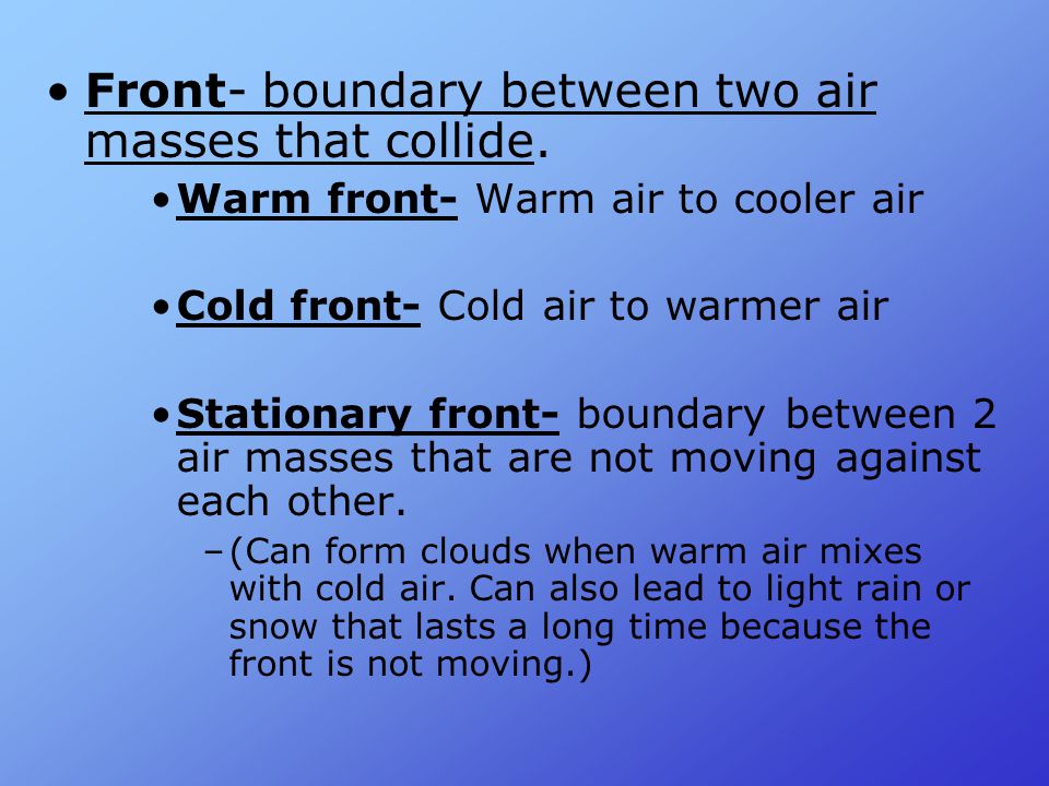 Front- boundary between two air masses that collide.