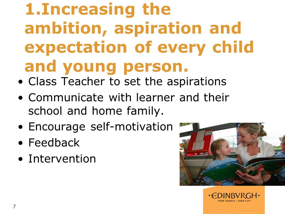 1.Increasing the ambition, aspiration and expectation of every child and young person.