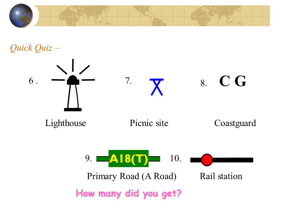 Quick Quiz – 8. C G Lighthouse Picnic site Coastguard Primary Road (A Road) Rail station.