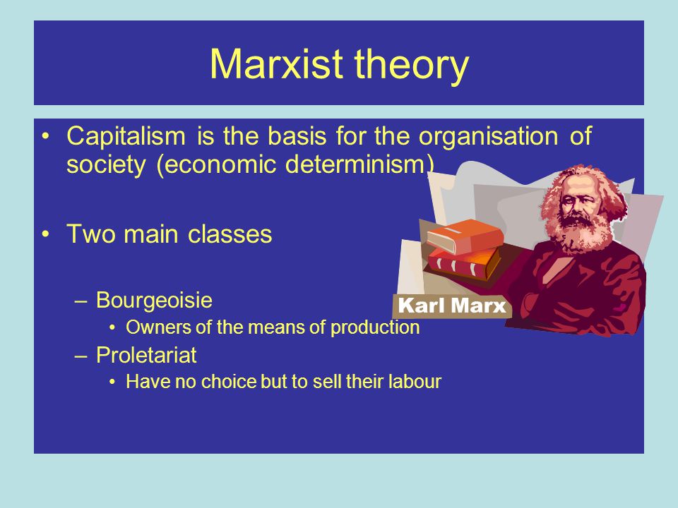Marxist theory Capitalism is the basis for the organisation of society (economic determinism) Two main classes.