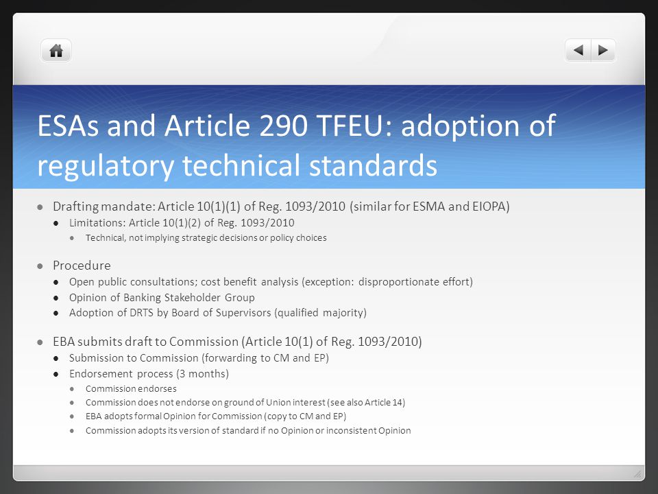 ESAs and Article 290 TFEU: adoption of regulatory technical standards