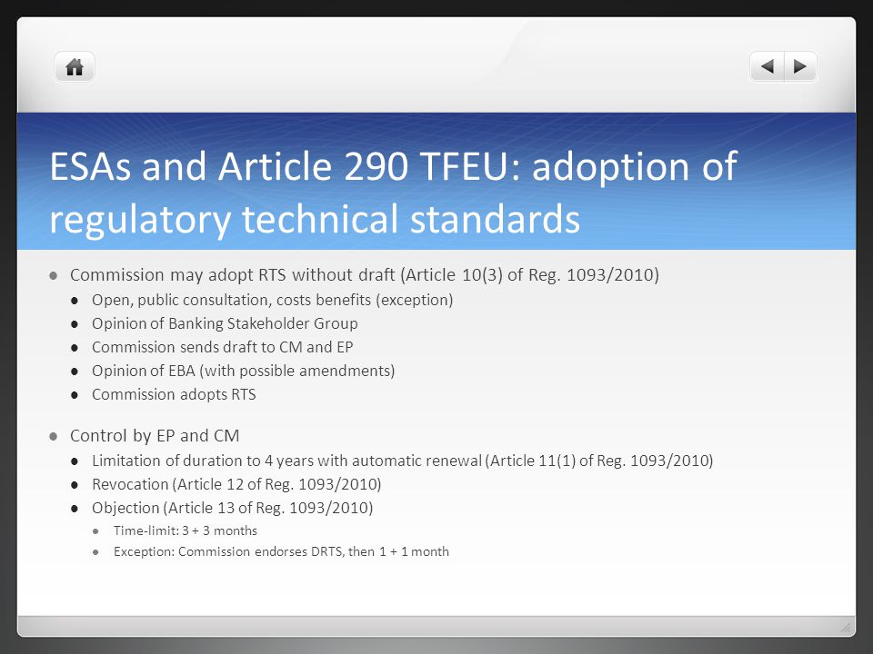 ESAs and Article 290 TFEU: adoption of regulatory technical standards