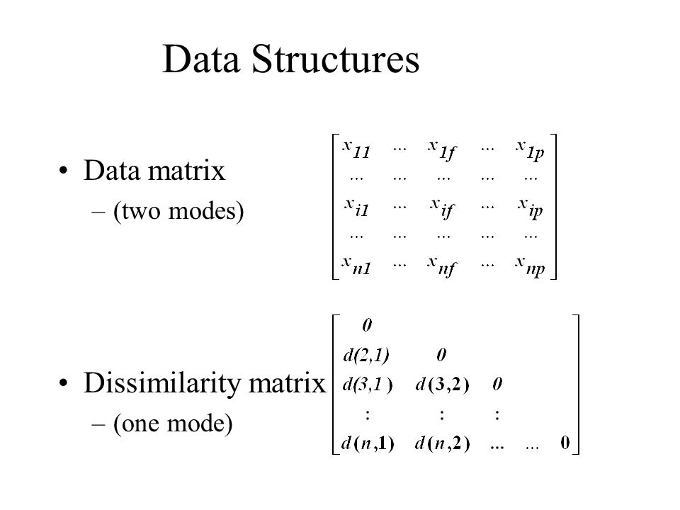 Data Structures Data matrix Dissimilarity matrix (two modes)