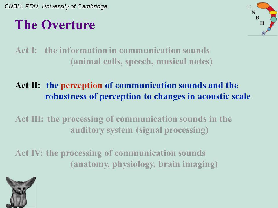 The Overture Act I: the information in communication sounds (animal calls, speech, musical notes)