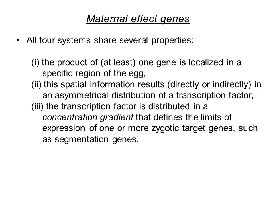 Maternal effect genes All four systems share several properties: