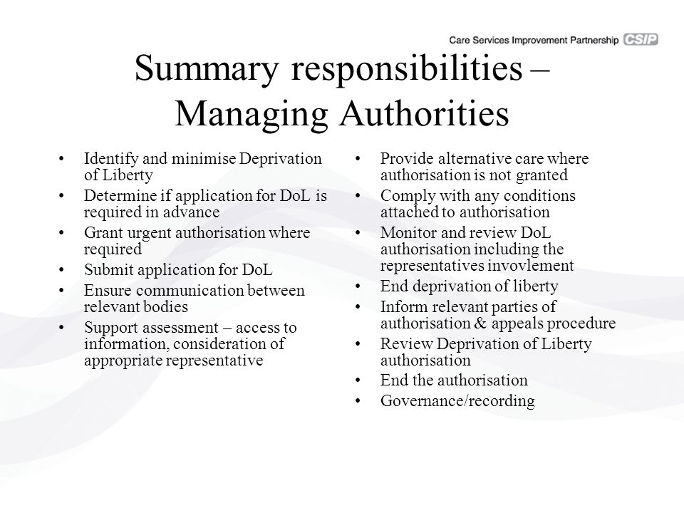 Summary responsibilities – Managing Authorities