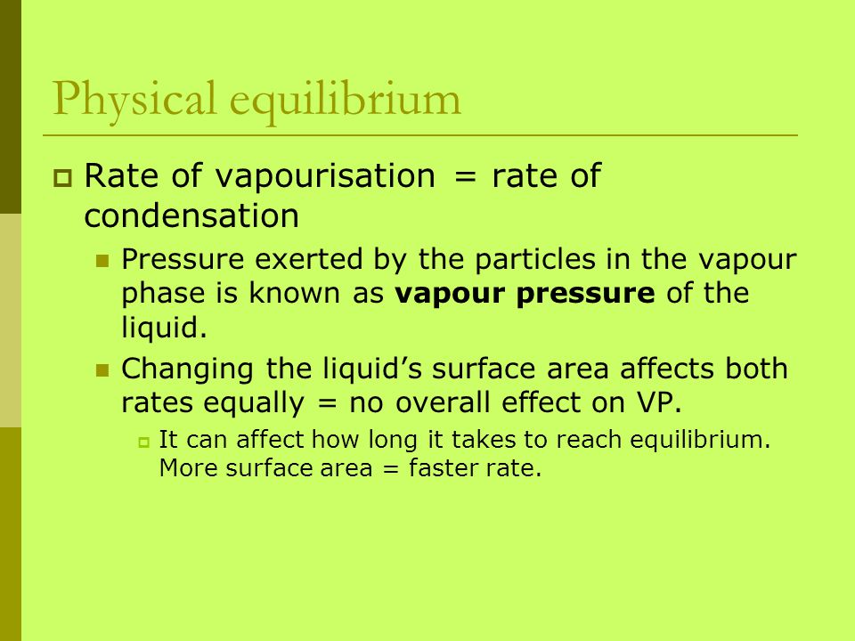 Physical equilibrium Rate of vapourisation = rate of condensation