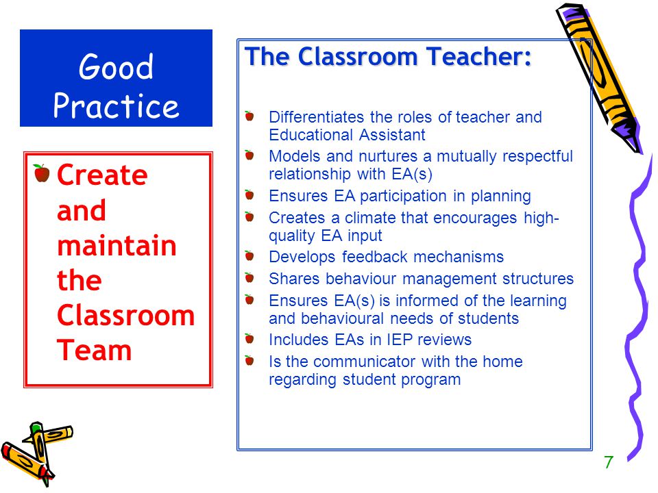 Good Practice Create and maintain the Classroom Team