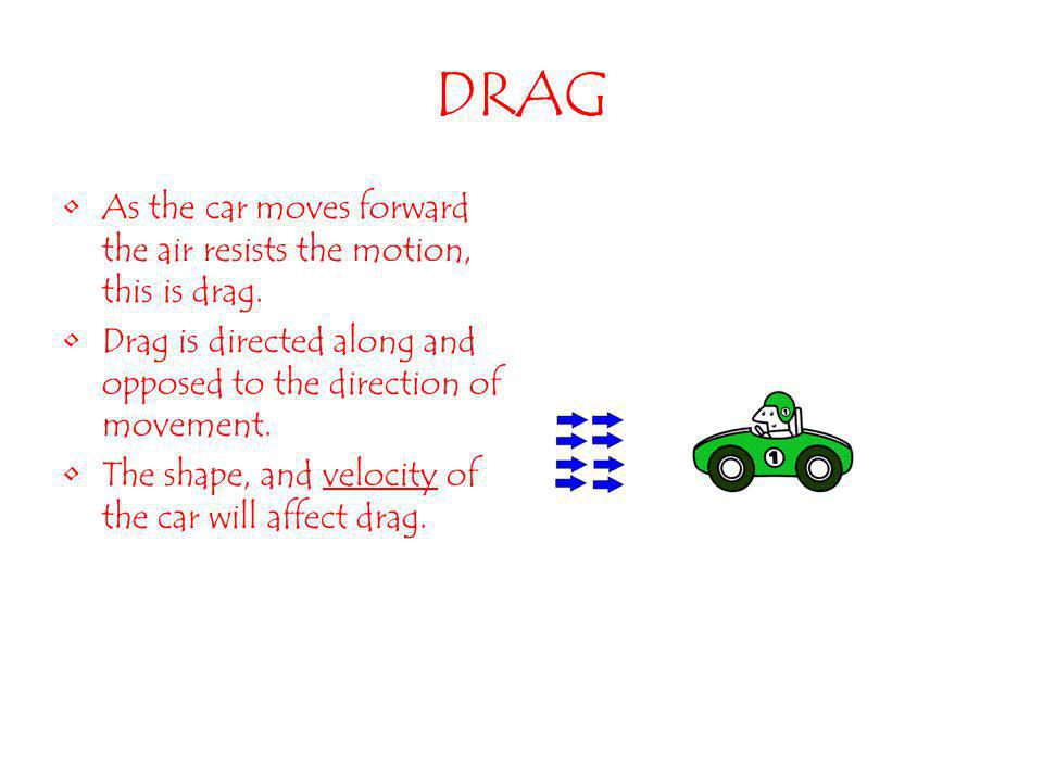 DRAG As the car moves forward the air resists the motion, this is drag. Drag is directed along and opposed to the direction of movement.
