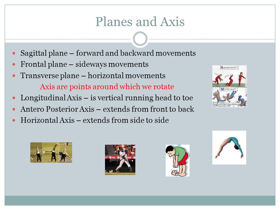 Planes and Axis Sagittal plane – forward and backward movements