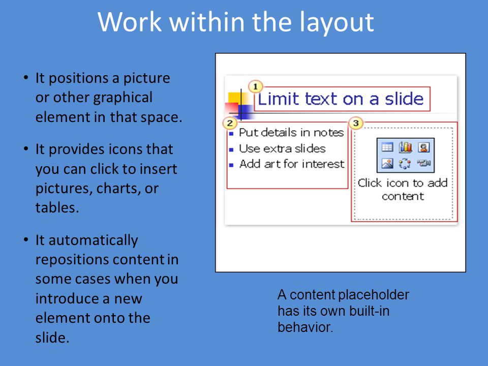 Work within the layout It positions a picture or other graphical element in that space.